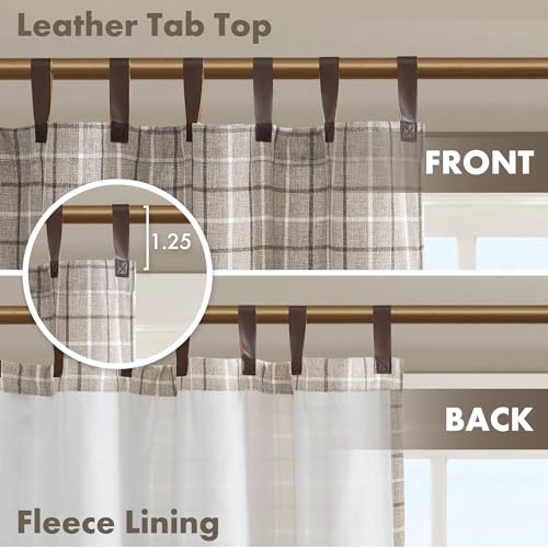 Image of Madison Park Anaheim Cabin Plaid Curtain Window, Thermal Insulated Fleece Lining, Living Room Decor Room Darkening Drape for Bedroom, 1-Single Panel, 50x84 Faux Leather Tab Top, Brown (Pack of 4)