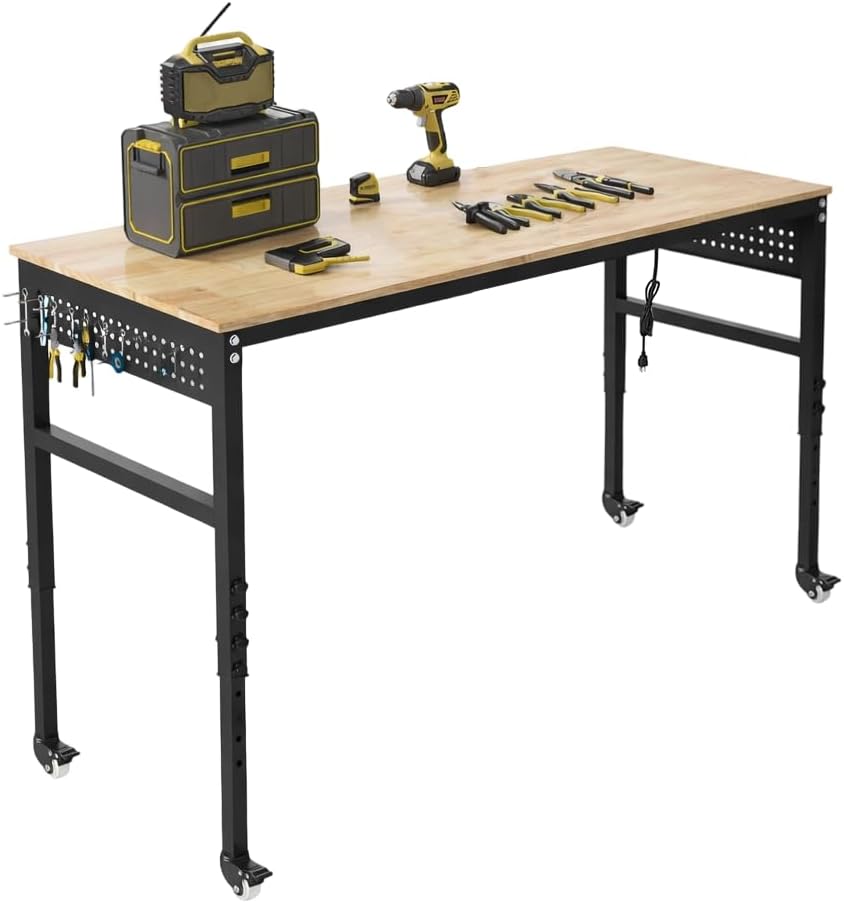48" Adjustable Heavy Duty Workbench with Power Outlets & Pegboard, 2000 LBS Capacity Rubber Wood Top Work Table for Garage, Workshop, Home & Commercial