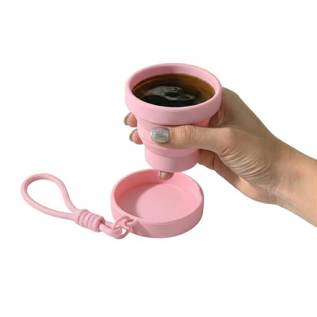 PRK 14 Silicone Foldable Travel Mug | 170ml Reusable Collapsible Coffee Cup | BPA Free & Leakproof | Portable Pocket-Sized Cup for Travel, Camping, and Commuting with Strap (Baby Pink)