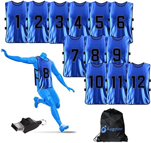 Augctoer Scrimmage Vest Sports Pinnies,Practice Vests,Team Practice Jerseys, Numbered Training Pennies for Sports Youth Adult 12pcs (Blue, M)