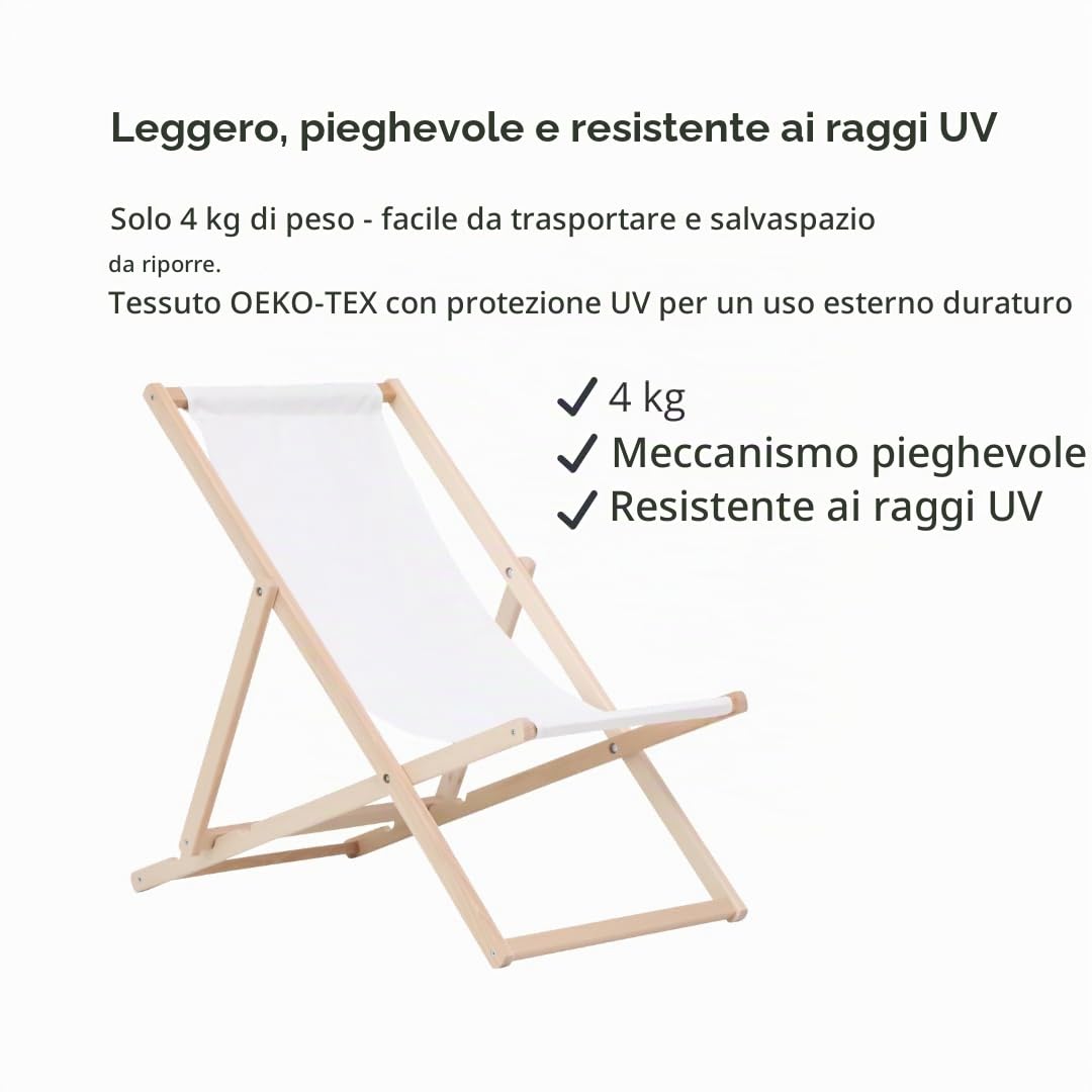 BAS Sedia a sdraio pieghevole in legno, lettino prendisole da spiaggia e giardino, sdraio da esterno senza braccioli – 2 pezzi, Bianco
