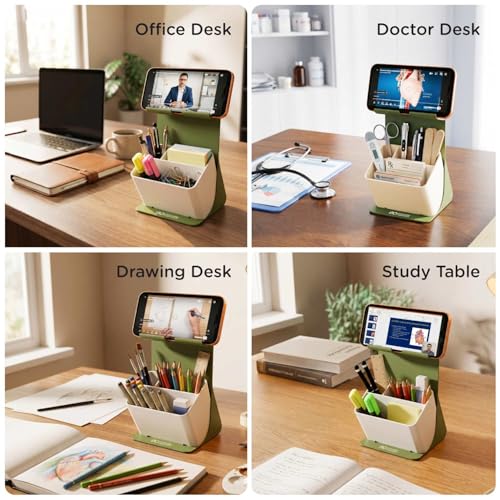 Image of eo Pen Stand for Study Table Stylish with Phone Holder Apex, Olive & Beige