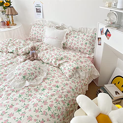 Image of VM VOUGEMARKET Girls Ruffle Bedding Set Twin XL 3 Pieces Pink Flower Duvet Cover Set with Lace Edge-100% Cotton Elegant Princess Style Comforter Cover-68x90 Inch