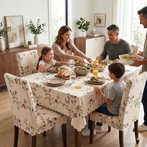 Image of Styleys Dining Chair Cover with Table Covers for Kitchen Waterproof Dining Table Cloth (1 Table Cover + 4 Chair Cover, Beige Tulip Flower, CTSD3128)