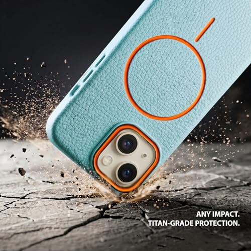 Image of amazon basics Luxury MagSafe Compatible Leather Texture Back Cover for iPhone 13 | Raised Camera Protection | Slim Fit Shockproof Case with Metallic Accents (Light Blue)