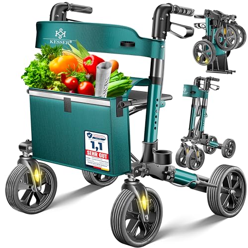 KESSER Rollator Aluminium Set, Leichtgewicht-Reiserollator mit Vollausstattung, 3-fach faltbar für Kofferraum klappbar Reise und Flug, Höhe verstellbar, Gurt, Stockhalter Gehwagen Laufhilfe Gehhilfe