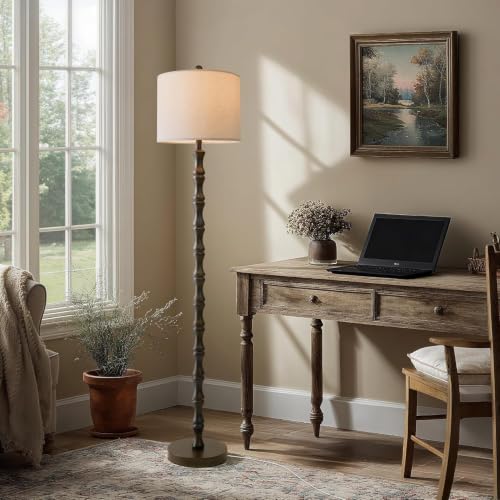 Image of BOBOMOMO 62 inch Rustic Farmhouse Floor Lamp Dark Brown with Remote & Dimmable 9W Bulb, 3 Color Temperatures Resin Standing Lamp, Retro Tall Lamp for Living Room, Bedroom, Nursery, Office, Reading Nook