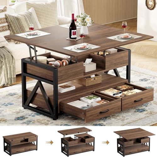 Memobarco 40' Lift Top Coffee Table,4 in 1 Multi-Function Lift Coffee Tables with Storage Drawers and Hidden Compartmen,Farmhouse Coffee Table with Lifting top for Living Room, Walnut