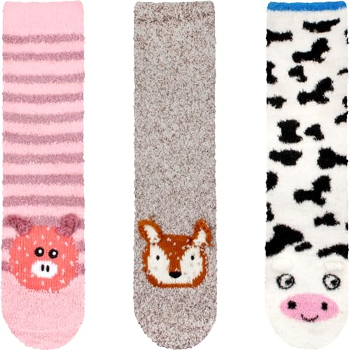 Image of BambooMN Super Soft Warm Cute Animal Face Non-Slip Fuzzy Crew Winter Home Socks, Value Pack