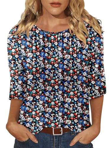 KISSMODA Tunic Tops for Women Loose Fit Dressy Round Neck Pleated 3/4 Length Sleeve Spring Tops