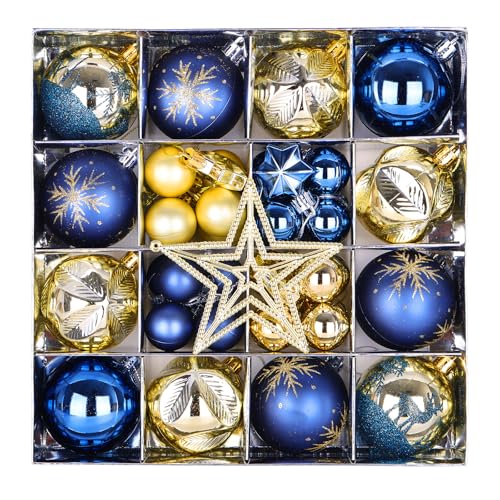 Set de 45 Bolas navideñas Azules y Doradas, 6 cm de diámetro, irrompibles, de plástico, con Ganchos, Ideales para decoración Interior y Exterior