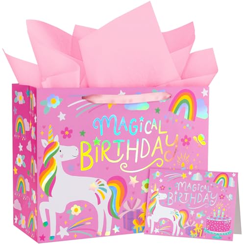 WRAPAHOLIC 13 Large Unicorn Birthday Gift Bag with Card and Tissue Paper - Rainbow Foil Unicorn Paper Bags for Baby Girl Shower and Birthday