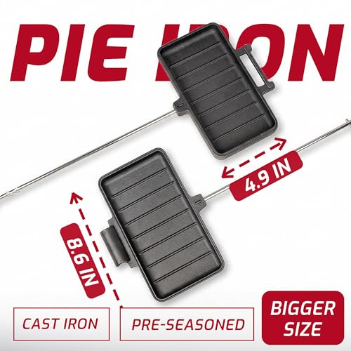 Image of Campfire Pie Iron 8.6 inch Large Cast Iron Sandwich Maker for Camping with Storage Bag - 21.7 inch Adjustable Handles - Campfire Cooking Equipment for Grilling & Outdoor Cooking