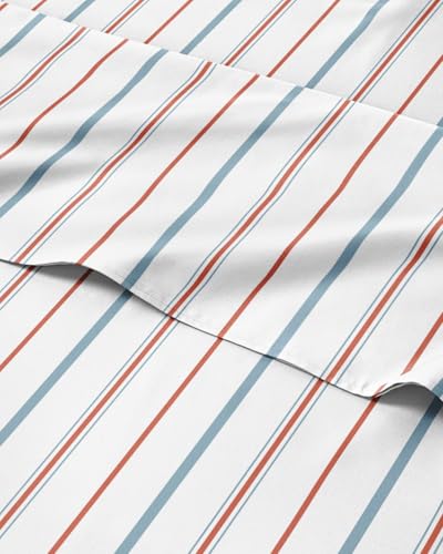 Image of Twin XL 3 Piece Striped Sheet Set - Breathable & Cooling - Red Blue Stripe | 1 Flat, 1 Fitted & 1 Pillowcase w / Deep Pockets, Luxury Striped Bedding, Soft, Breathable & Cooling, Wrinkle & Fade Free
