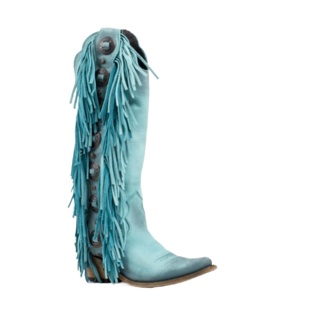 Richealnana Womens Cowboy Fringe Pointed Toe Knee High Boots Block Heel Tassel Western Cowgirl Boot