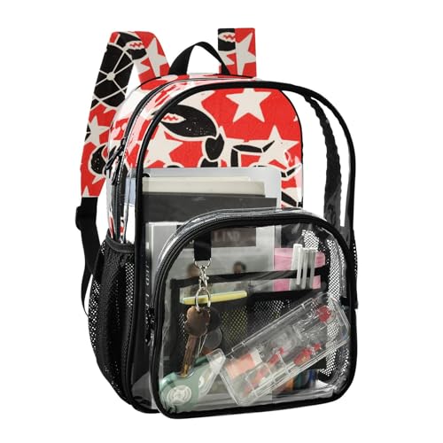 Flat Black Scorpions Stars Red White Clear Backpacks Clear Bookbags For Girls See Through Transparent Heavy Duty For2