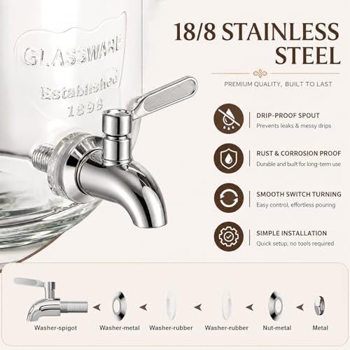 Image of 2 Pack1 Gallon Glass Drink Dispensers For Parties,Beverage Dispenser with Stand,304 Stainless Steel Spigot Leakproof,Lemonade Dispenser for Sun Tea, Homemade Juice