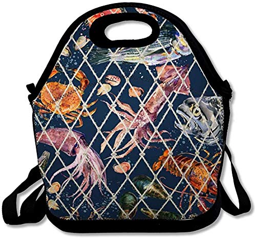 Bolsa de almuerzo aislada para mujeres Hombres Chica Náutica Acuarela Cable Red de pesca Pesca de mar Captura de bacalao con quitina Diseño de dieta Fauna Bolsa de almuerzo reutilizable para el trabaj