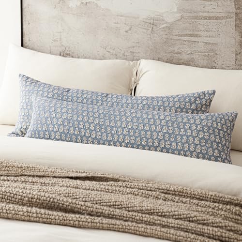 Image of Foindtower Set of 2 Decorative Neutral Body Lumbar Throw Pillow Covers Vintage Accent Farmhouse Cushion Covers Floral Home Decor for Sofa Couch Chair Bedroom Living Room,14x36 Inch,Dusty Blue