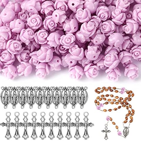 140 Pcs Carved Rose Bead Rosary Cross Centerpiece Crucifix Medal, 8 mm Rose Flower Charm Beads Rosary Making Supplies Silver Jesus Maria Pendant for Rosary Bracelet Necklace Jewelry (Purple) Cover