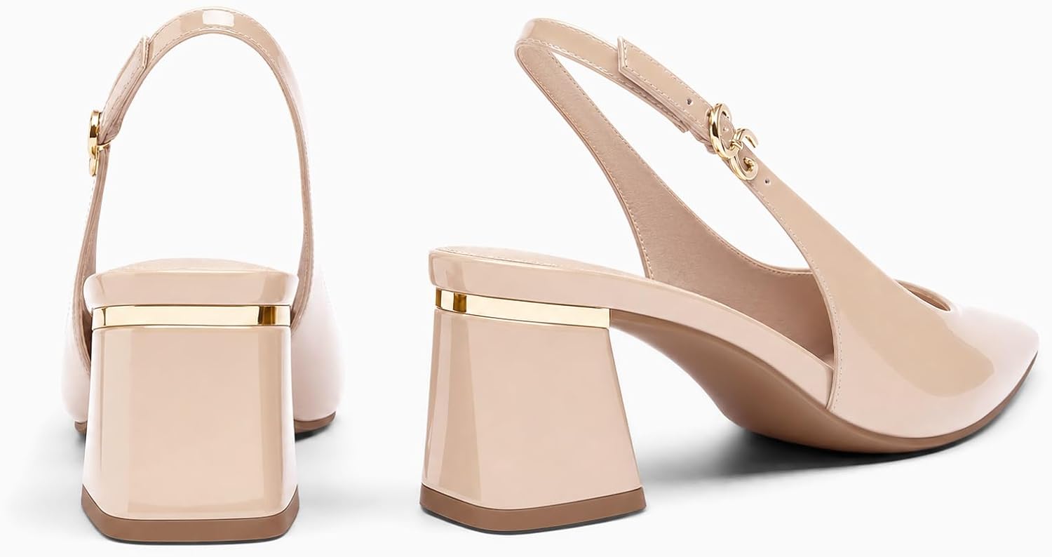 Coutgo Womens Slingback Chunky Heels Pointed Closed Toe Pumps Adjustable Strap Work Dress Shoes