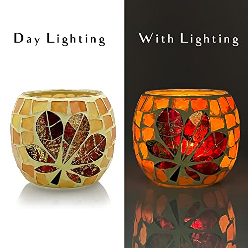 Shmilmh Fall Votive Candle Holder Set Of 4, Mosaic Glass Tealight Holders With Maple Leave For Halloween Thanksgiving Party Decorations thumb #4
