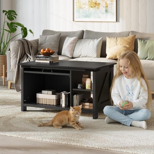 Image of WLIVE Wooden Coffee Table with Flip-up Door, 2-in-1 Cat House, Black