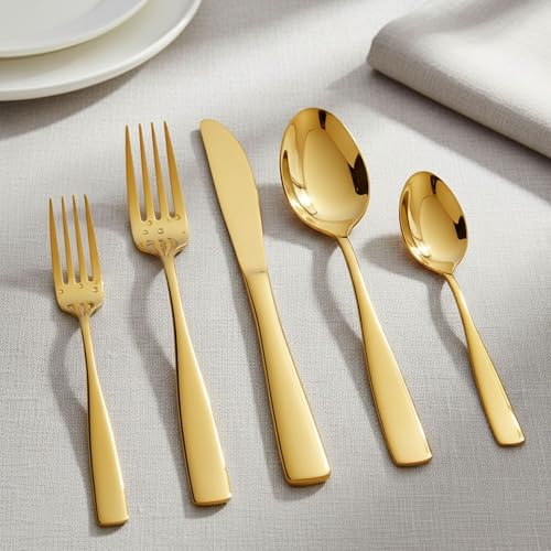 Image of 15 Pcs Gold Cutlery Set for Dining Table the Perfect Mirror Polish Hevy Duty Tableware Including Dinner Spoon, Dinner Fork, Dinner Knife, Dessert Spoon & Dessert Fork