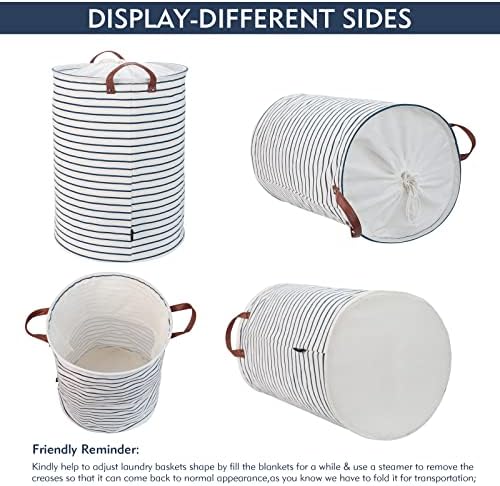 DOKEHOM 24-Inches Freestanding Laundry Basket with Lid, Collapsible Extra Large Drawstring Clothes Hamper Storage with Handle (Blue Stripe, XL)