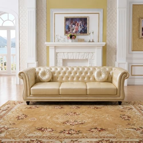 Image of Chesterfield Velvet Upholstery 3-Seater with Armchair and Footrest, Design in 3+1+Footrest Sofa for Living Room, Bedroom, Hallways (Beige Leatherette)