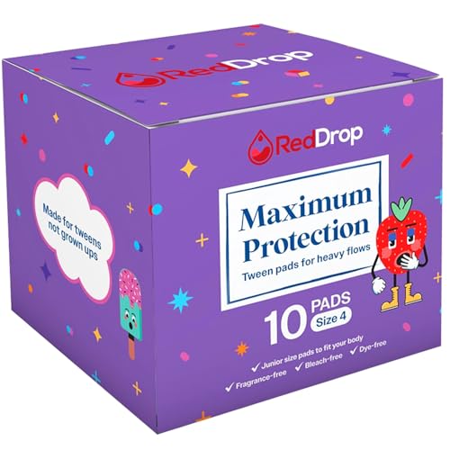 RedDrop Maximum Protection Tween Pads (10 Pack) - Pre-Teen Pads for Girls Ages 11-14 - Super Absorbent with Wings - Overnight for Tweens