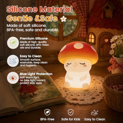 Image of FAMIDUO Mushroom Night Light, Squishy Silicone Touch Bedside Nursery Lamp | Warm Glow, Safe BPA-free Silicone, 20-min Auto Sleep Timer, 2 Brightness,Kids Room Decor, Baby Shower Gifts for Girls Toddler