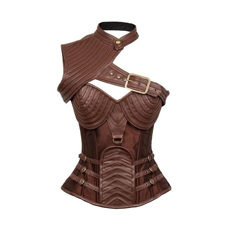 Brązowy gorset vintage gotycki w stylu steampunk, kurtka w stylu burleski, pancerz na ramionach, bolerko overbust, gorset ze stalowymi fiszbinami