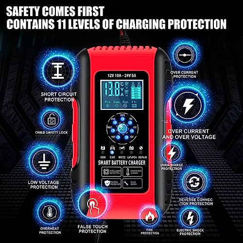 E-FAST Battery Charger, 10A Lifepo4 Lead Acid Car Battery Charger, Upgraded Automobile Trickle Charger 12/24V, All in 1 Battery Maintainer, for Truck Motorcycle AGM Lawn Mower Boat Marine Batteries