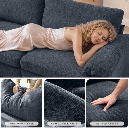 Image of Sectional Couches for Living Room, 109 inch L Shaped Cloud Sofa & Couch | Upholstered Armres, 22 inch Seat Depth, Movable Ottoman, Comfy Chenille, Easy Assembly, Blue