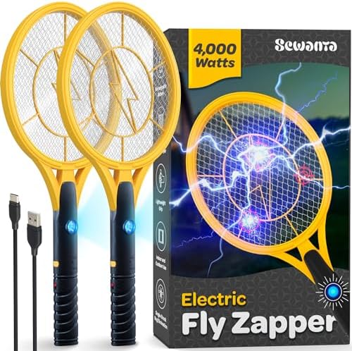 Electric Fly Swatter [Set of 2] Handheld Bug Zapper Racket for Indoor/Outdoor - 4000 Volt Swatter - Instant Bug & Mosquito Killer with Attractant LED Light - USB Rechargeable Portable Fly Zapper.
