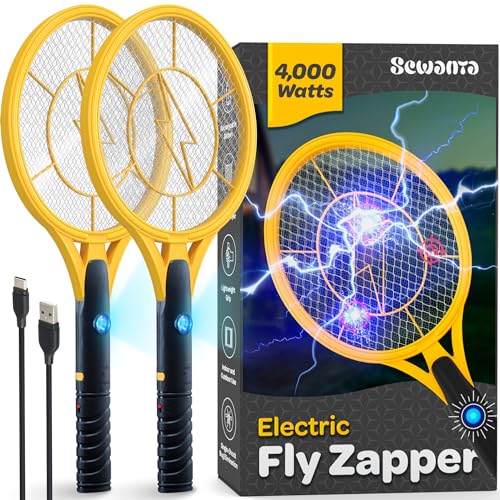 Electric Swatter [Set of 2] Handheld Bug Zapper Racket for Indoor/Outdoor - 4000 Volt Swatter - Instant Bug & Mosquito Killer with Attractant LED Light - USB Rechargeable Portable Zapper.