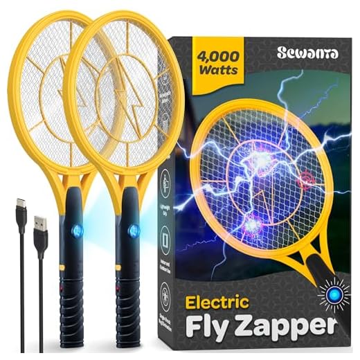 Electric Fly Swatter [Set of 2] Handheld Bug Zapper Racket for Indoor/Outdoor - 4000 Volt Fly Swatter - Instant Bug & Mosquito Killer with Attractant LED Light - USB Rechargeable Portable Fly Zapper.
