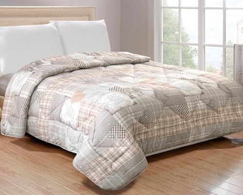 Tata Home Trapunta Invernale Matrimoniale Imbottita in Morbida Microfibra Piumone Letto Trapuntato Caldo e Soffice Autunno Inverno Traspirante Anallergico Mod. Mony Dis.2 Cuori Shabby Colore Beige