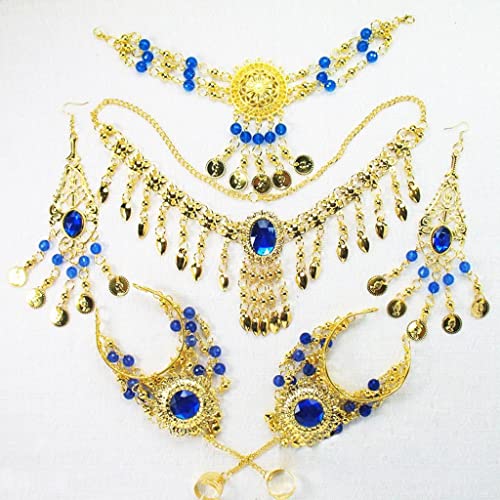 Bonarty Conjunto de joias indianas – colar estilo étnico brincos chapéu e pulseira dança do ventre c