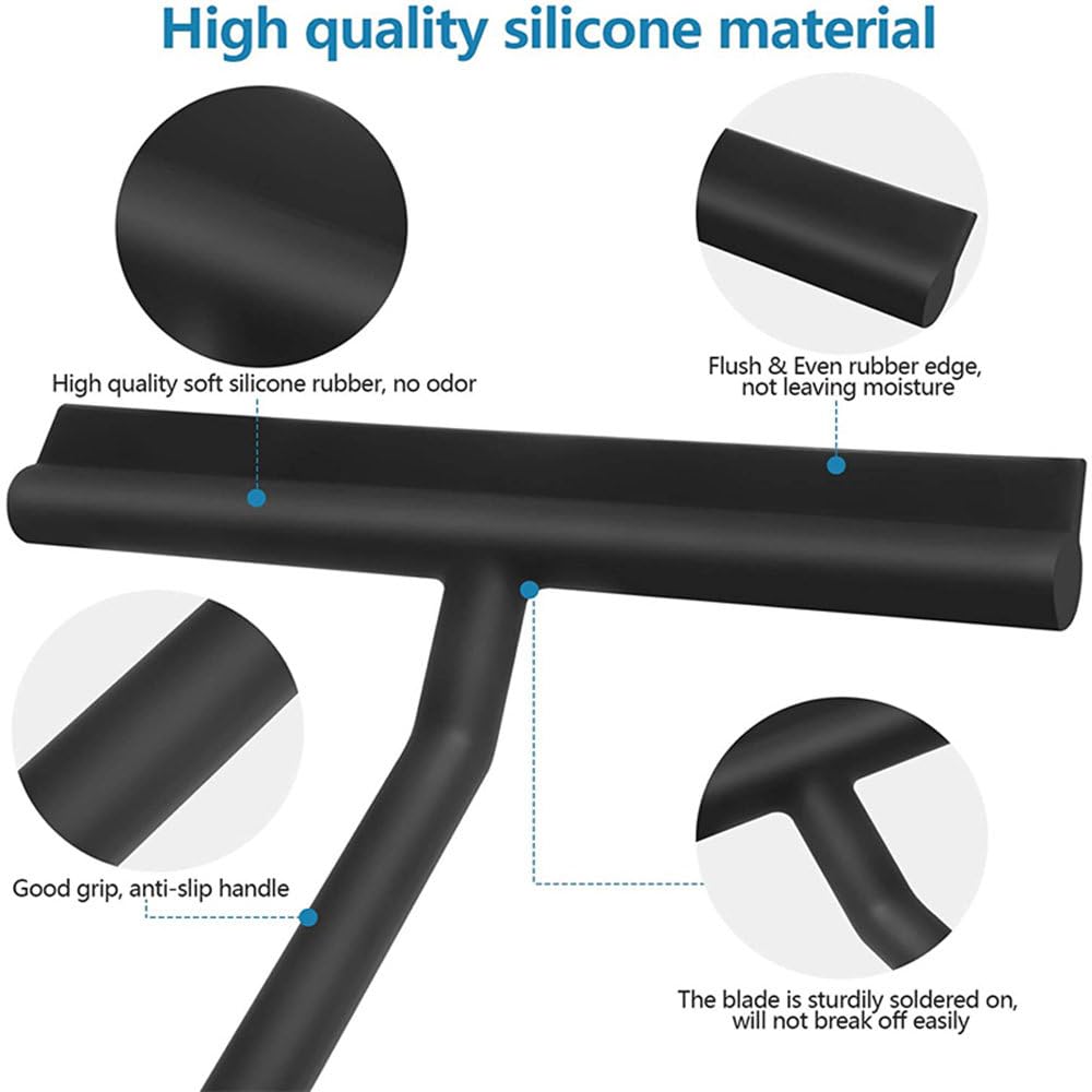 Limpiador de Ducha para Puerta de Vidrio, raspador de Pared de Ducha con Soporte de Silicona, Limpiador de Espejo de baño, raspador de Vidrio, Gancho Negro, 1 Pieza