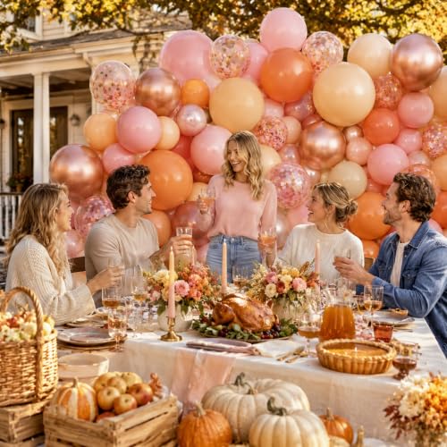Image of Fall Balloons 55pcs, Thanksgiving Orange Pink Gold Confetti Balloons Set | Fall Color Orange Nude Pink Metallic Gold Balloons for Friendsgiving Little Pumpkin Baby Shower Autumn Harvest Birthday Decor