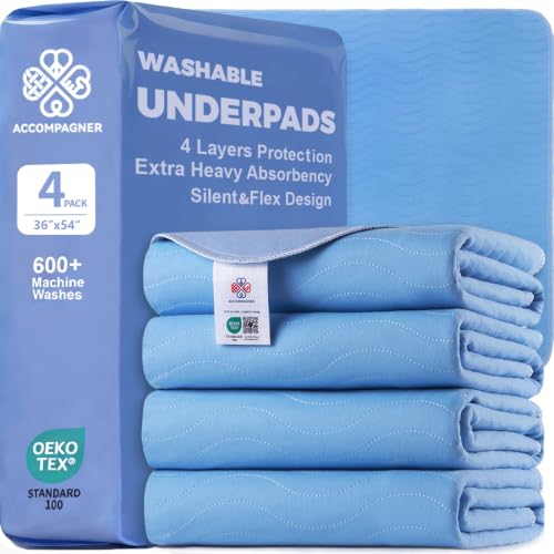 Image of Accompagner Incontinence Bed Pads Washable Waterproof, Ultra-Absorbent Reusable Underpads for Diaper Changing, Nursing, Bedridden, Adults, Seniors, Kids and Dogs (Blue, 36 inchx54 inch(Pack of 4))