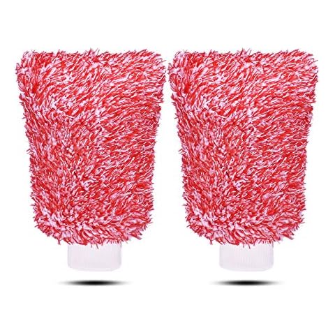 MOKANI Microfiber Car Wash Mitt Cleaning Gloves Equipment Sponges, 2 Sets Professional Scratch Free Polishing Cleaning Mitts,Red Cover