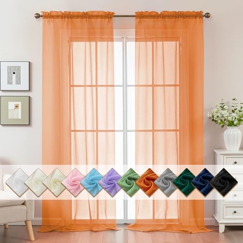 Image of Orange Sheer Curtains 108 Inches Extra Long, Privacy Semi Sheer Curtains for Living Room Bedroom, Light Filtering Rod Pocket Voile Window Drapes 2 Panels Set, Each 42 inch W x 108 inch L