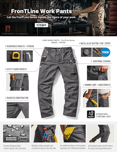 Image of CQR Men's Quick Dry Work Pants, Water Resistant Outdoor Tactical Pants, Lightweight Stretch Cargo Hiking Pants