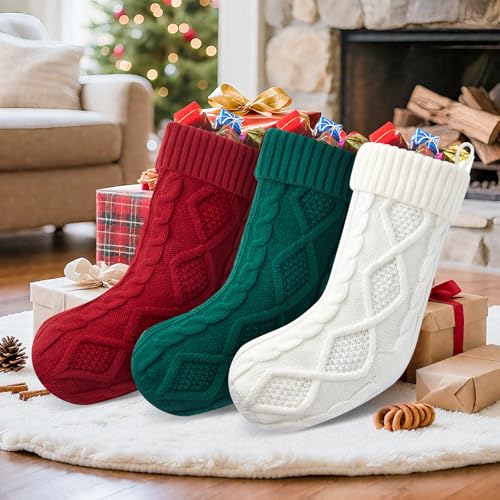 Personalized Christmas Stockings - 18” Large Knitted Xmas Stocking with DIY Snowman Wooden Name Tag, 6 Pack Hanging Family Stockings for Kids Mantels Christmas Holiday Decor, Red Green White - Thumbnail 6
