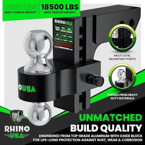 Image of Rhino USA Adjustable Trailer Hitch (2.5-Inch Receiver) - Heavy Duty Aluminum Tow Hitches with 6-Inch Drop /Rise for Truck (18,500 LBS GTW) - Weatherproof Double Anti-Theft Locking Hitch Pins (Black)