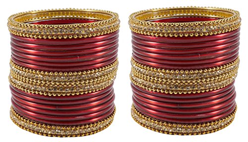 Image of NMII Glass With Zircon Gemstone Studded Worked and Ball Chain Or Plane Gloosy Finished Bangles Set For Women and Girls