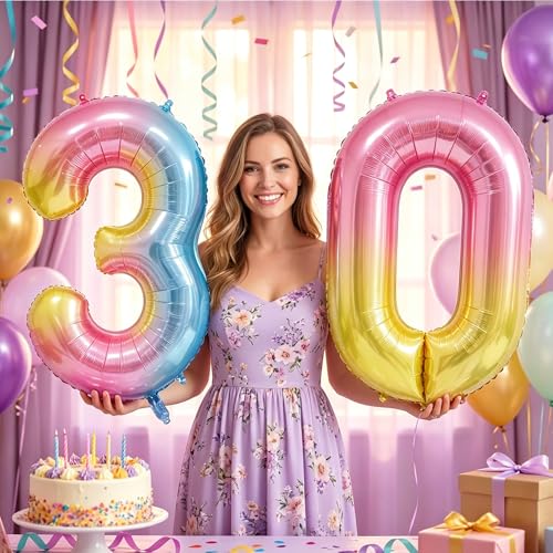 Image of Rainbow Number Balloons Birthday Balloons - Giant Number 30 Balloon 40 inch, Numbers Balloon Birthday Decorations, Rainbow Party Supplies for Baby Shower